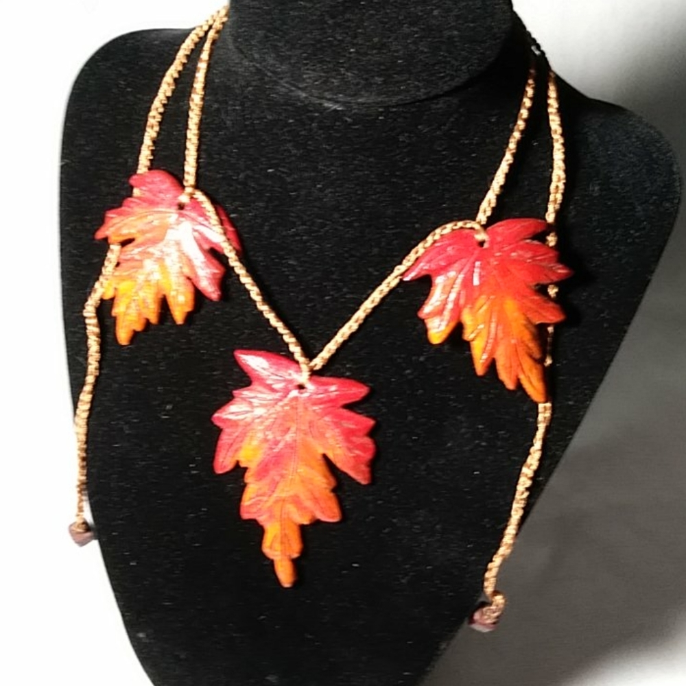 Maple Leaf Hand Carved & Painted Wood Necklace